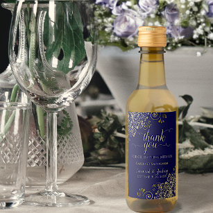 Lacy Gold on Navy Blue Wedding Thank You Mini Wine Label