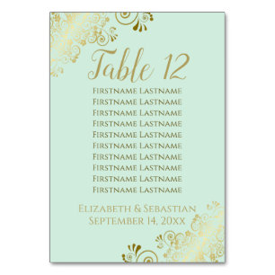 Lacy Gold on Neo Mint Green Wedding Seating Chart Table Number
