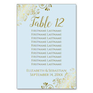 Lacy Gold on Powder Blue Wedding Seating Chart Table Number