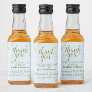 Lacy Gold on Powder Blue Wedding Thank You Mini Liquor Bottle Label