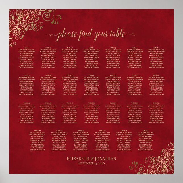Lacy Gold on Red 27 Table Wedding Seating Chart (Front)