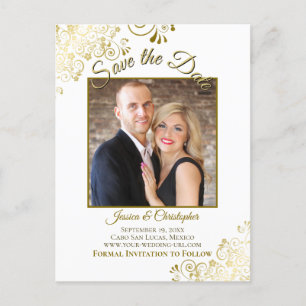 Lacy Gold on White Wedding Save the Date Photo Announcement Postcard