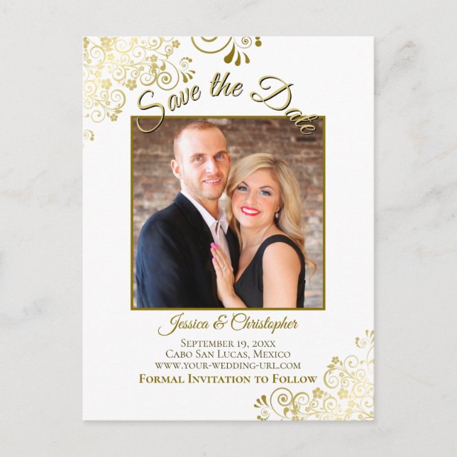 Lacy Gold on White Wedding Save the Date Photo Announcement Postcard (Front)