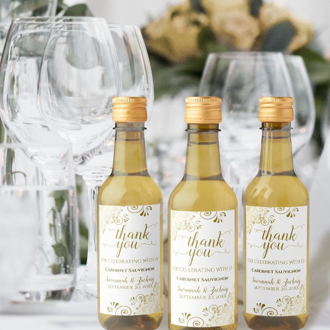 Lacy Gold on White Wedding Thank You Mini Wine Label (Creator Uploaded)