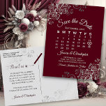 Lacy Grey Burgundy Wedding Save the Date Calendar Announcement Postcard<br><div class="desc">This beautiful save the date postcard will give your friends and family advance notice of your upcoming wedding. It features a clever design with a custom calendar where you can put a heart around your wedding date. The background is burgundy or deep brick red, with light grey text and decorative...</div>