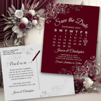 Lacy Grey Burgundy Wedding Save the Date Calendar
