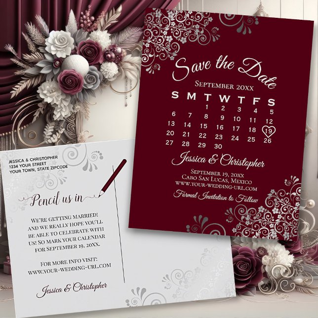 Lacy Grey Burgundy Wedding Save the Date Calendar Announcement Postcard (Front/Back)