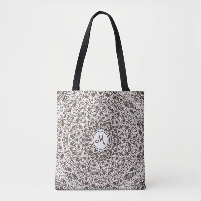 Lacy Lace White Design on Brown Tote Bag (Front)