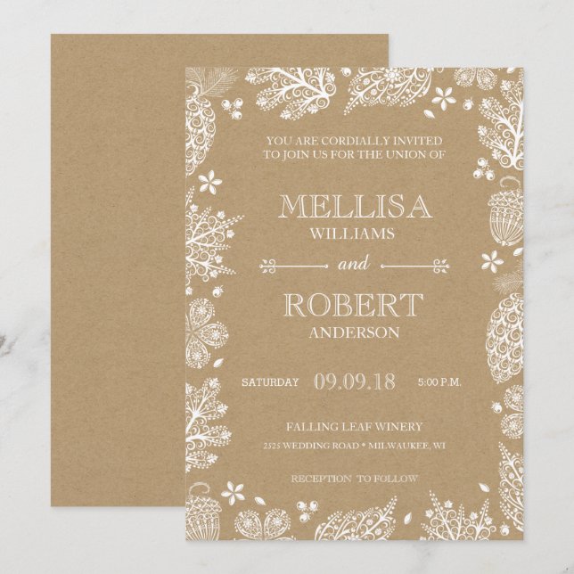Lacy Leaves on Kraft Paper Wedding Invitation (Front/Back)