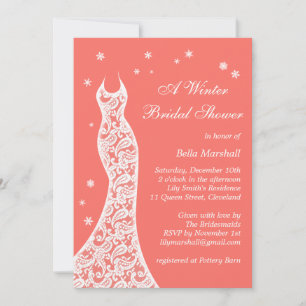 Lacy Living Coral Winter Bridal Shower Invitation