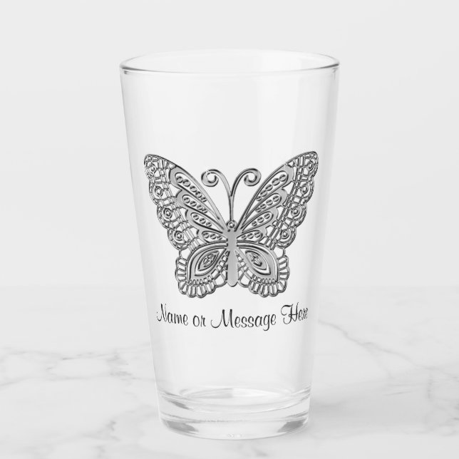 Lacy looking Silver Personalised Butterfly Tumbler (Front)