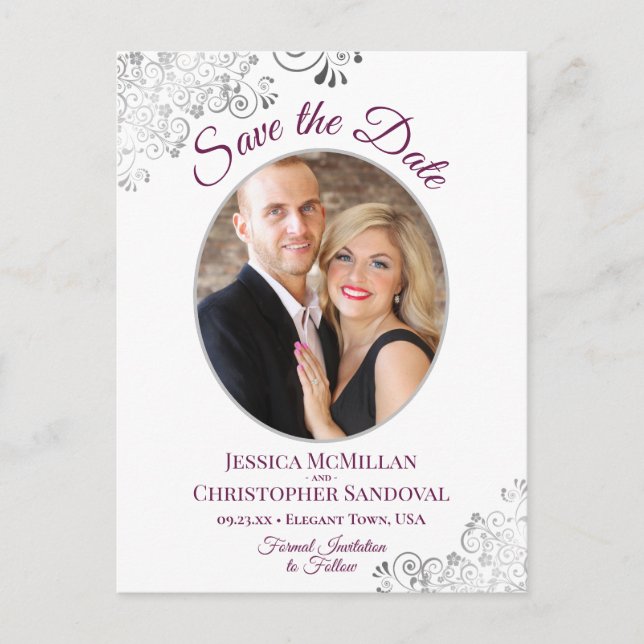 Lacy Magenta & White Wedding Save the Date Photo Announcement Postcard (Front)