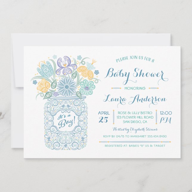 Lacy Mason Jar Baby Shower Baby Boy Invitation (Front)