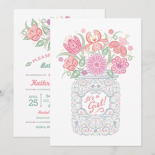 Lacy Mason Jar Baby Shower It's a Girl Invitation (Front/Back)
