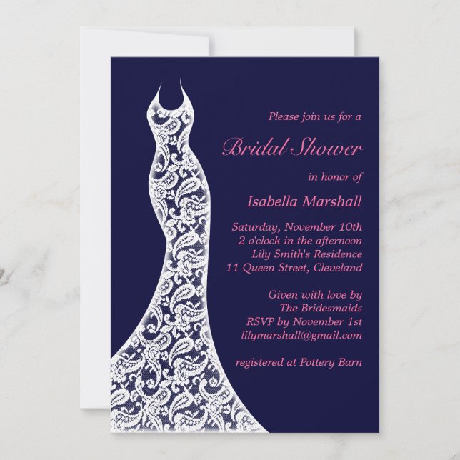 Lacy Navy Bridal Shower Invitation (Front)