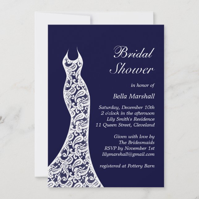 Lacy Navy & White Bridal Shower Invitation (Front)