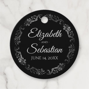 Lacy Ornate Silver Border Elegant Black Wedding Favour Tags