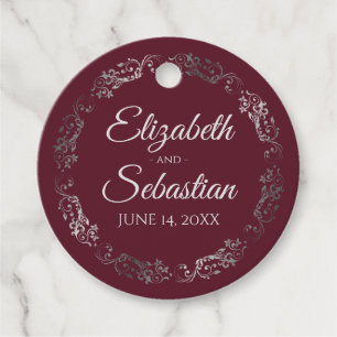 Lacy Ornate Silver Border Elegant Burgundy Wedding Favour Tags