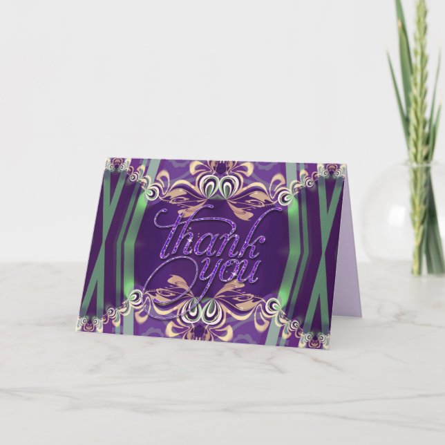 Lacy Purple Green Sparkling Thank You Custom Card (Front)