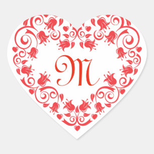 Lacy Red Flower Heart Monogram Sticker