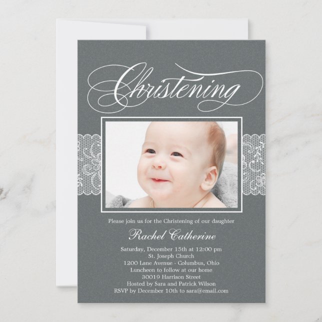 Lacy Ribbon Photo Christening Invitation (Front)