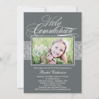 Lacy Ribbon Photo First Communion Invitation
