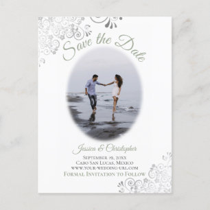 Lacy Sage Green Wedding Save the Date Photo Announcement Postcard