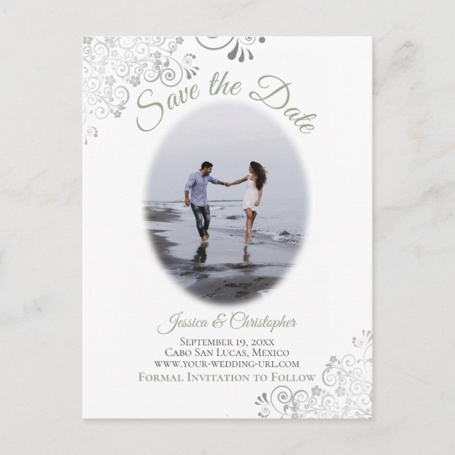 Lacy Sage Green Wedding Save the Date Photo Announcement Postcard (Front)