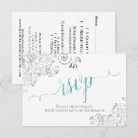 Lacy Silver & Aqua on White Elegant Script Wedding