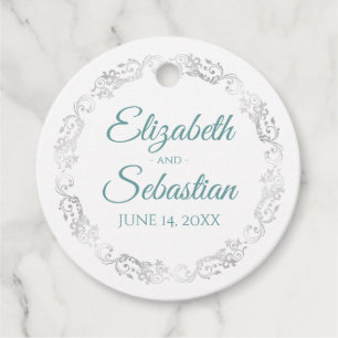 Lacy Silver Border Elegant Teal & White Wedding Favour Tags