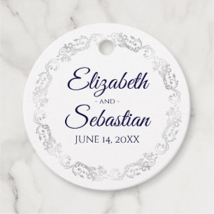 Lacy Silver Border Navy Blue & White Wedding Favour Tags