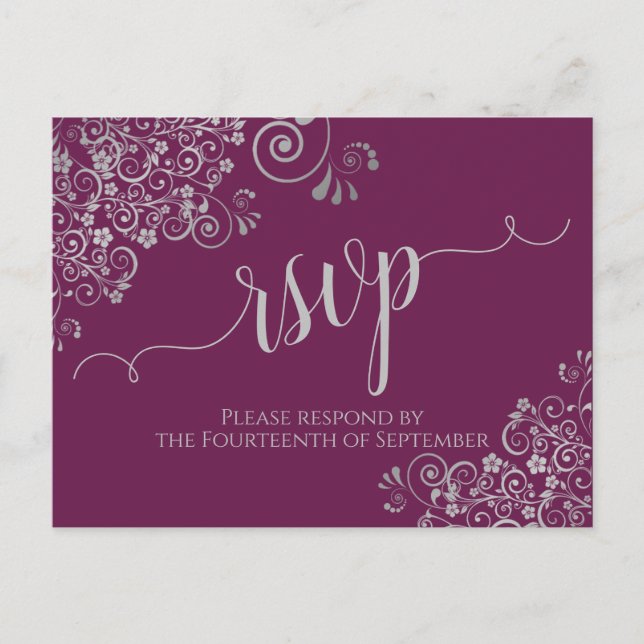 Lacy Silver Calligraphy Cassis Purple Wedding RSVP Postcard (Front)
