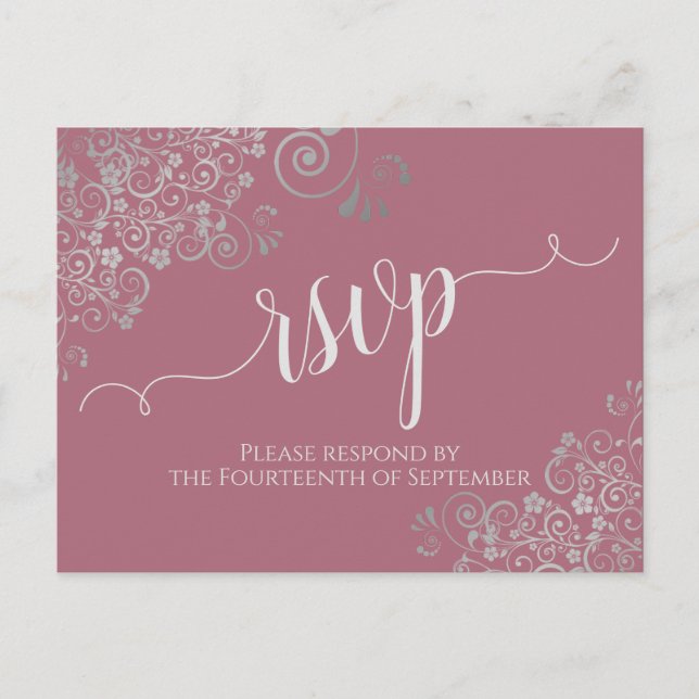 Lacy Silver Calligraphy Dusty Rose Wedding RSVP Postcard (Front)
