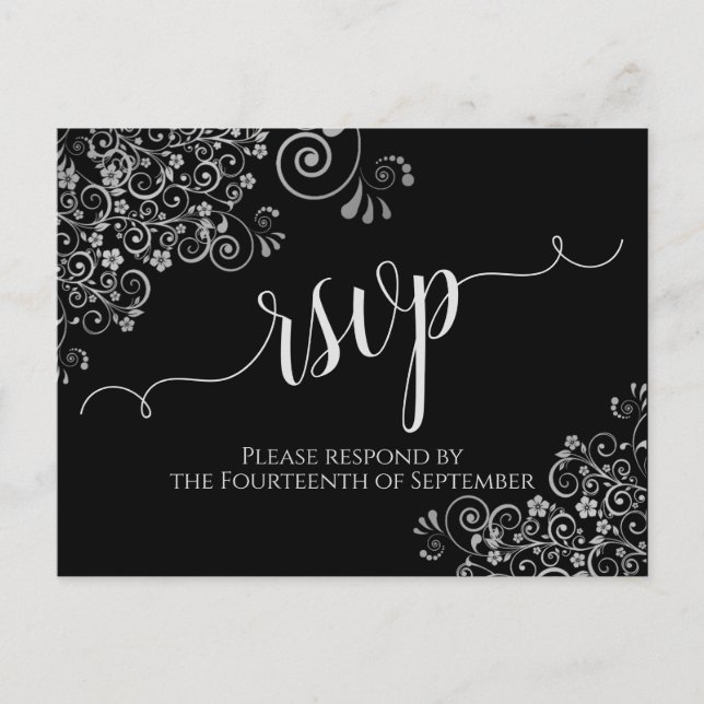 Lacy Silver Calligraphy Elegant Black Wedding RSVP Postcard (Front)