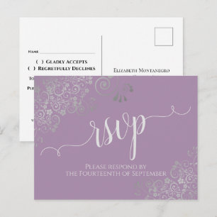 Lacy Silver Calligraphy Lavender Wedding RSVP Postcard