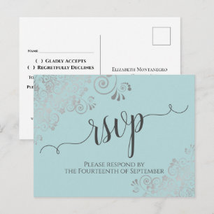 Lacy Silver Calligraphy Mint Teal Wedding RSVP Postcard