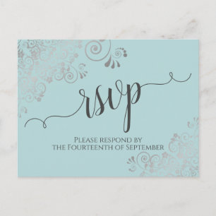Lacy Silver Calligraphy Mint Teal Wedding RSVP Postcard