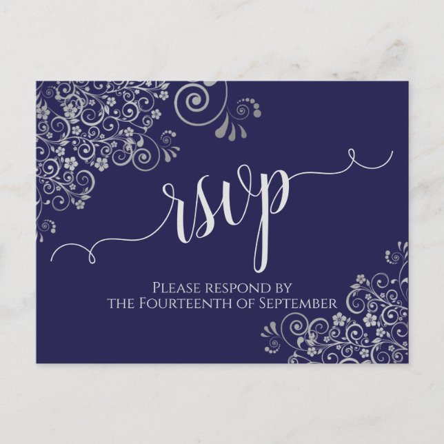 Lacy Silver Calligraphy Navy Blue Wedding RSVP Postcard (Front)