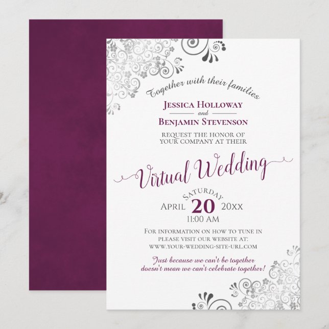 Lacy Silver Cassis Purple & White Virtual Wedding Invitation (Front/Back)