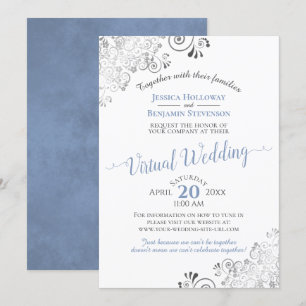 Lacy Silver Elegant Blue & White Virtual Wedding Invitation