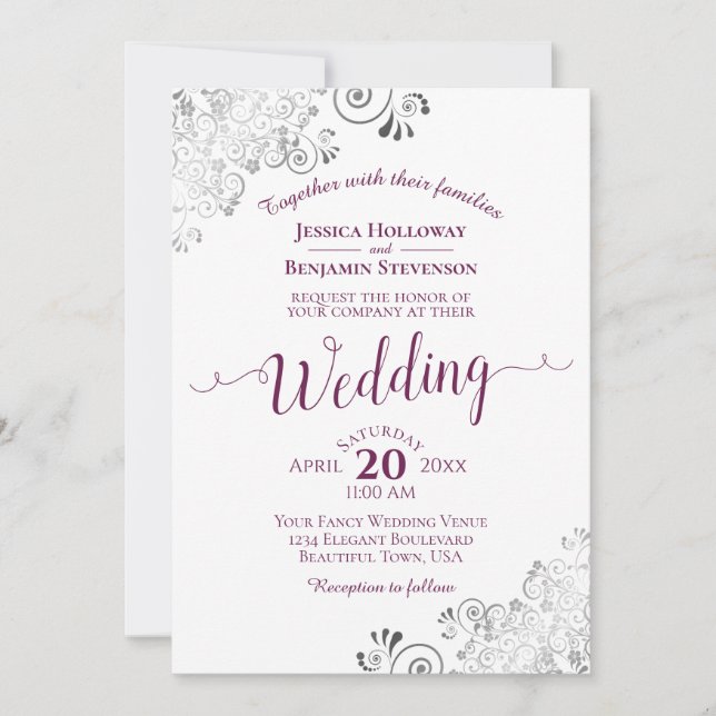 Lacy Silver Elegant Cassis Purple on White Wedding Invitation (Front)