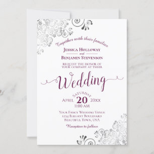 Lacy Silver Elegant Cassis Purple on White Wedding Invitation