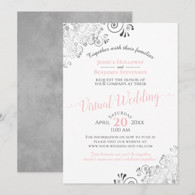 Lacy Silver Elegant Pink & Grey Virtual Wedding Invitation (Front/Back)