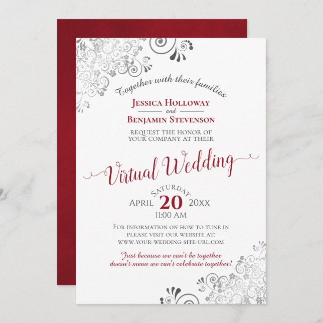 Lacy Silver Elegant Red & White Virtual Wedding Invitation (Front/Back)