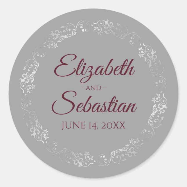 Lacy Silver Filigree Elegant Burgundy Grey Wedding Classic Round Sticker (Front)