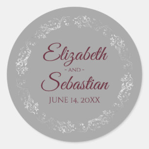Lacy Silver Filigree Elegant Burgundy Grey Wedding Classic Round Sticker
