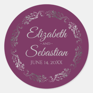 Lacy Silver Filigree Elegant Cassis Purple Wedding Classic Round Sticker