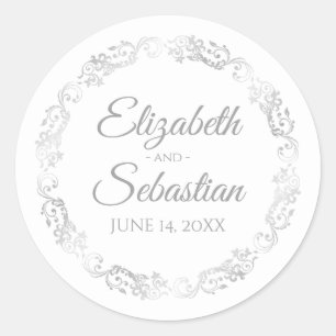 Lacy Silver Filigree Elegant Grey on White Wedding Classic Round Sticker