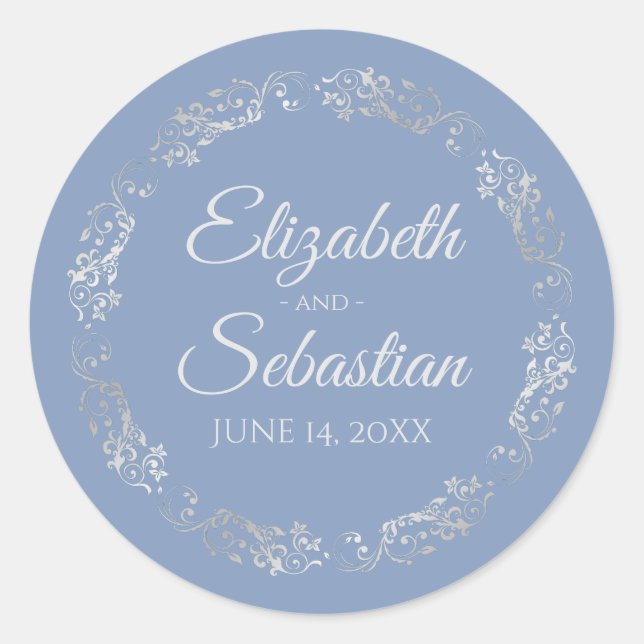 Lacy Silver Filigree Elegant Light Blue Wedding Classic Round Sticker (Front)