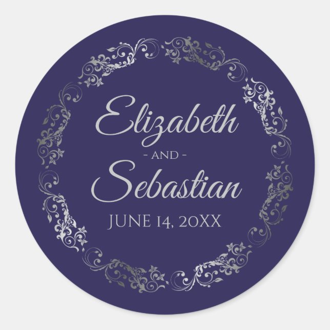 Lacy Silver Filigree Elegant Navy Blue Wedding Classic Round Sticker (Front)
